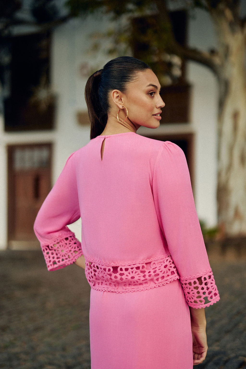 Pink crochet straight blouse - Tevy