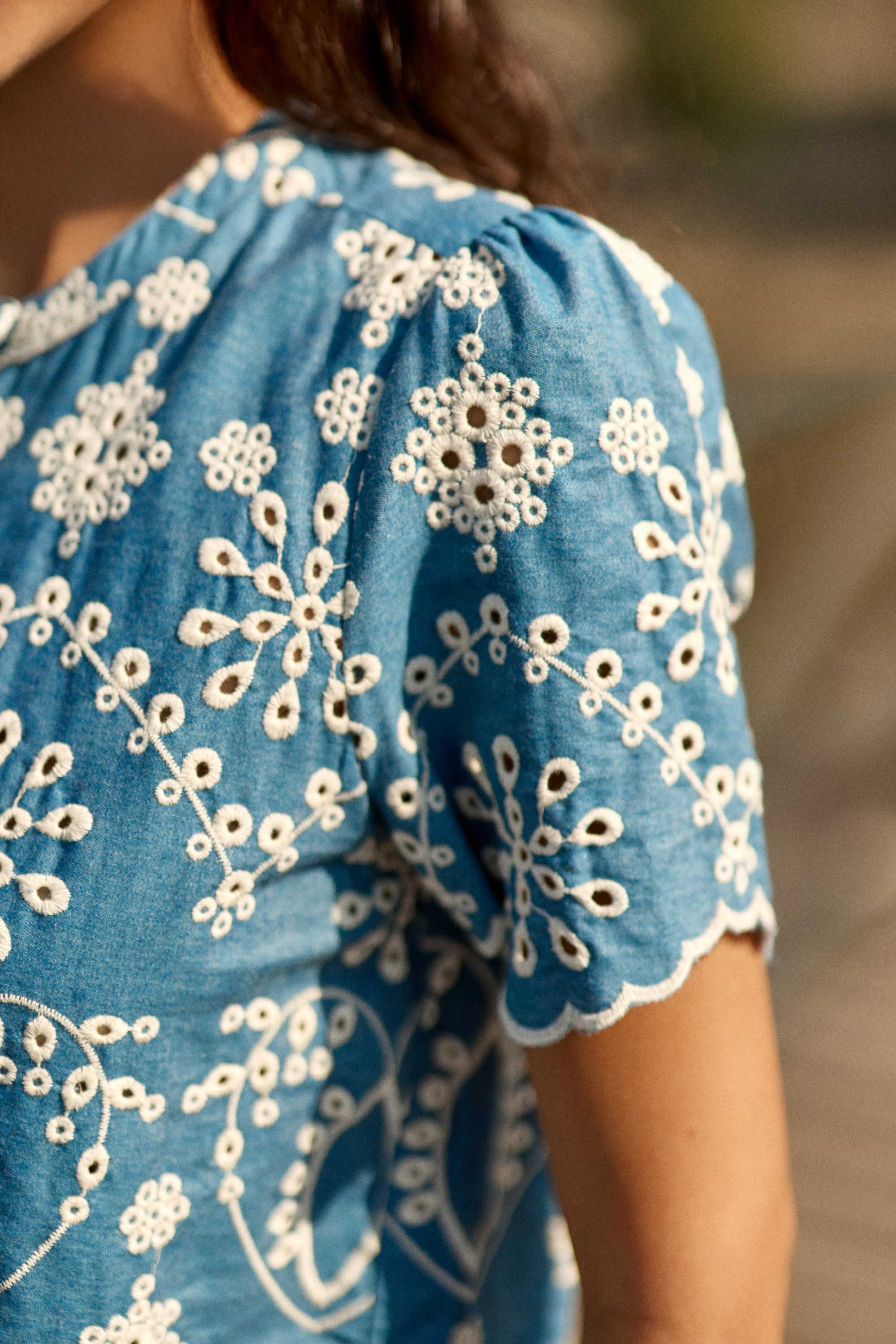 Blue embroidered short-sleeve top - Thea