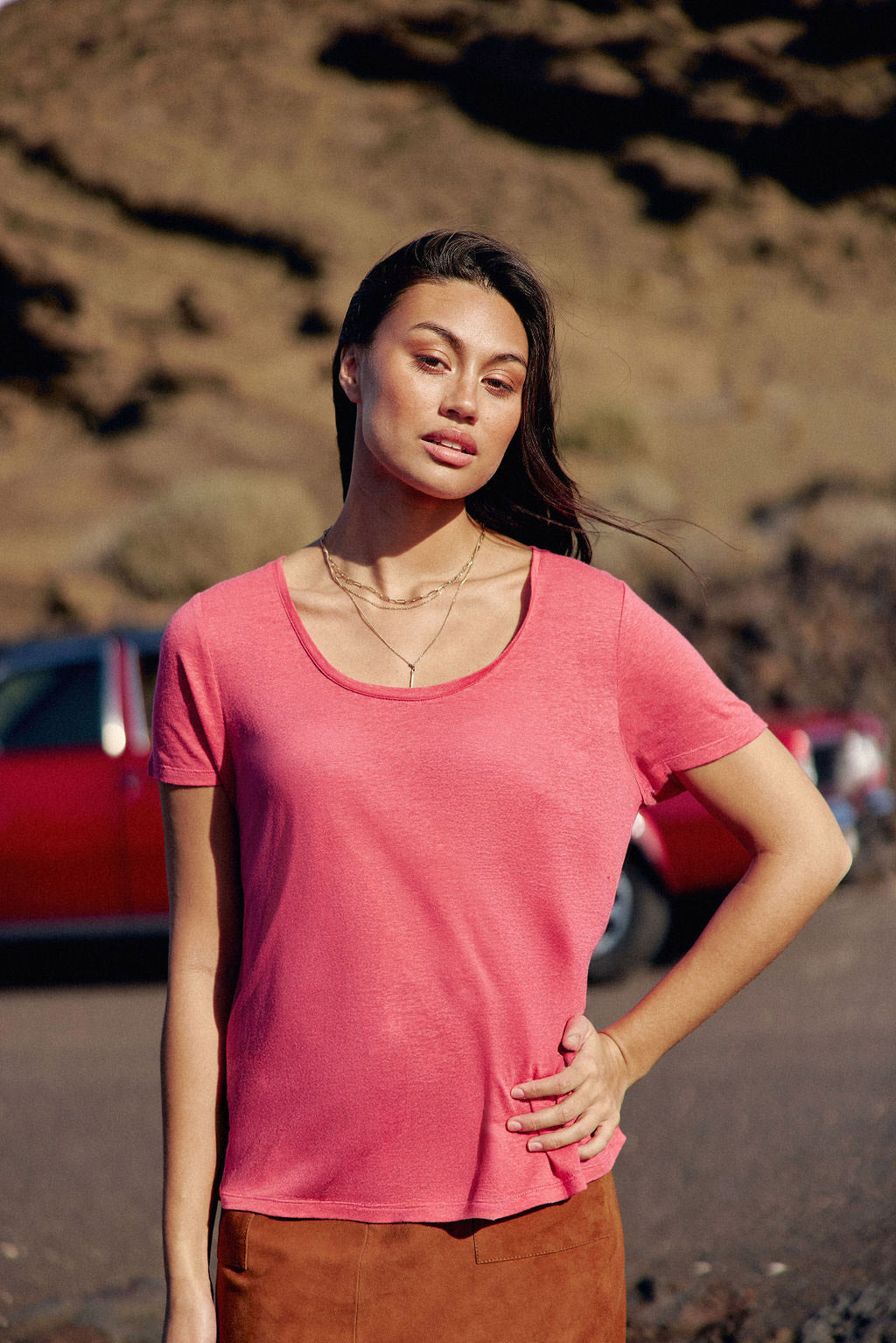 T-shirt col rond rose - Tia