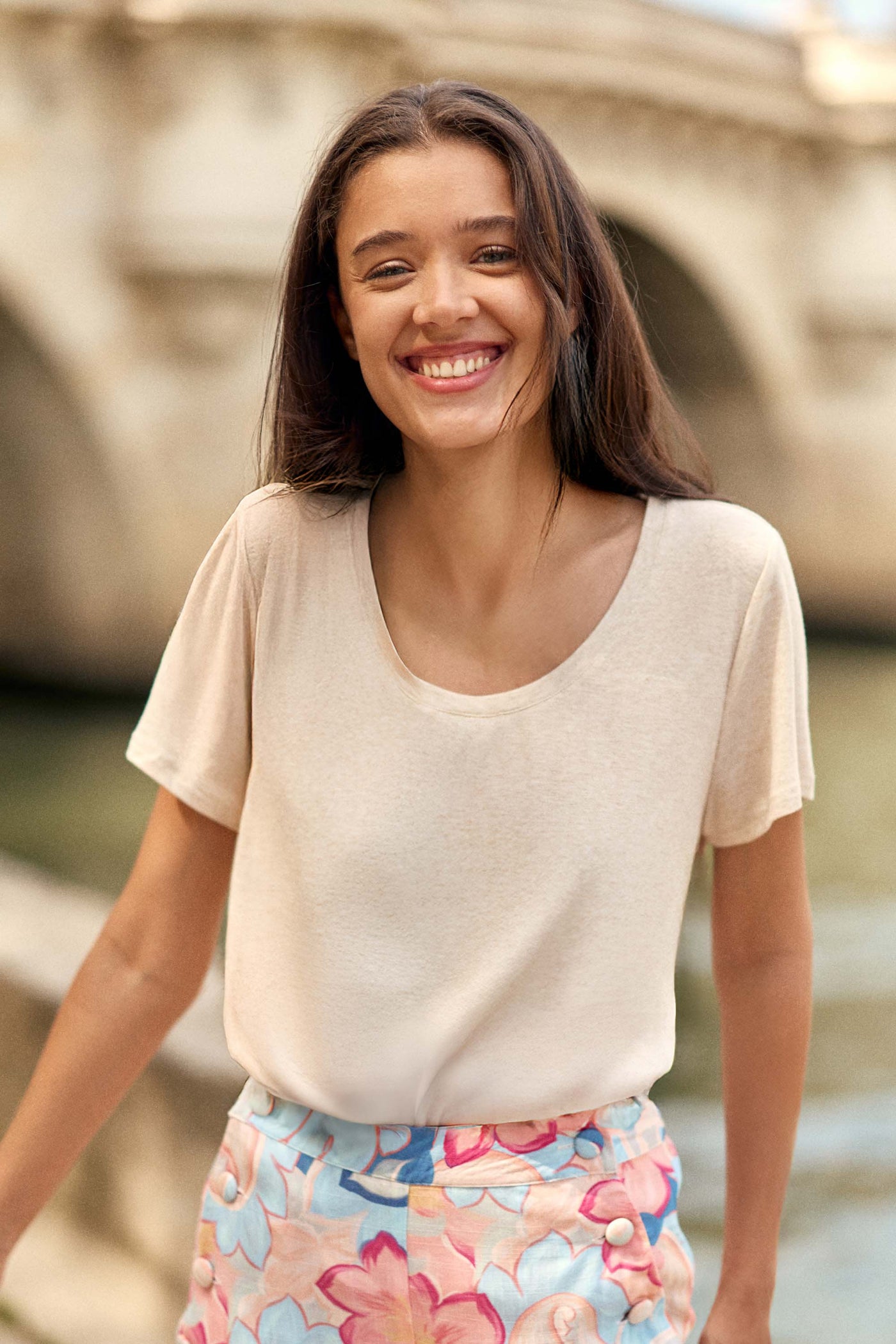 T-shirt col rond chiné beige - Tia