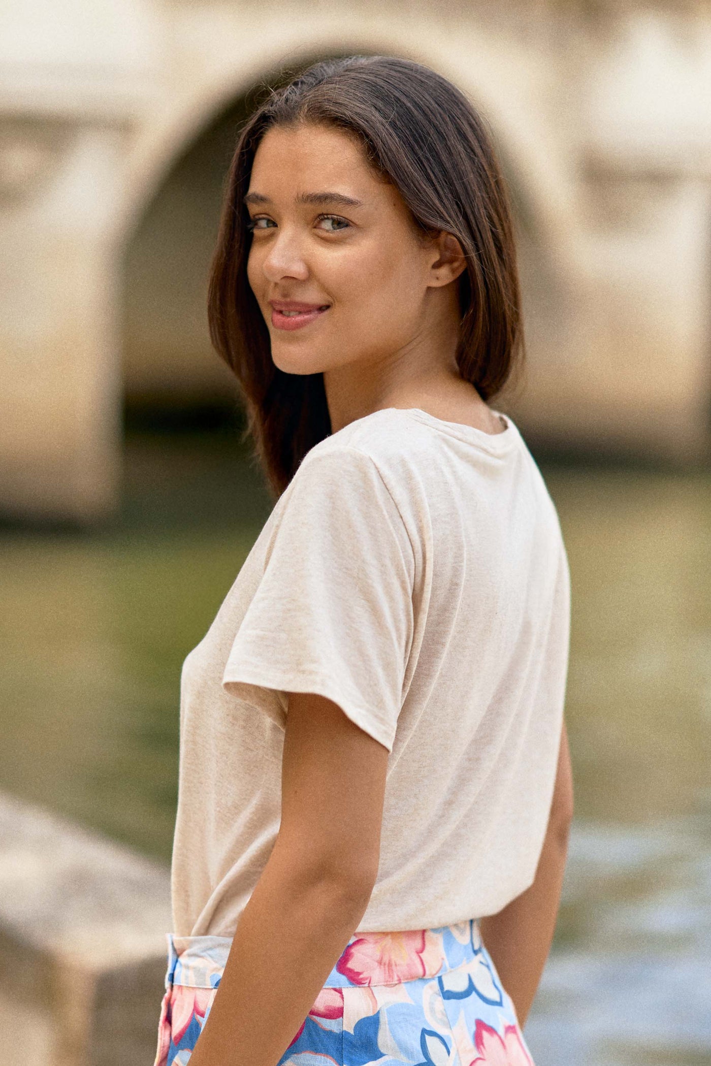 T-shirt col rond chiné beige - Tia