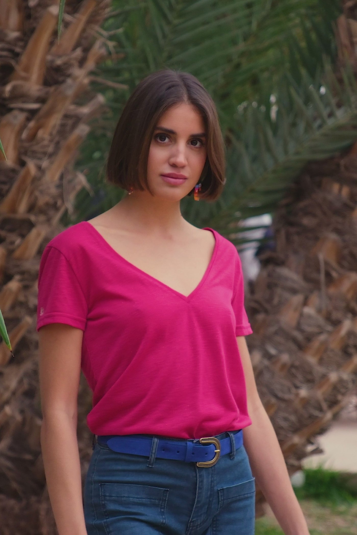 T-shirt col V fuchsia - Elvie