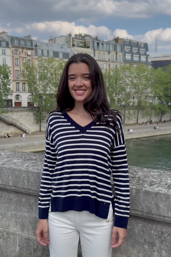 Pull rayé manches longues marine/écru - Melyo