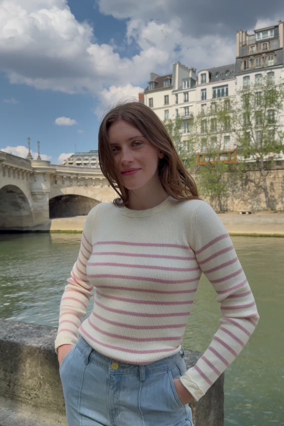 Long-sleeved ecru/pink striped sweater - Manel