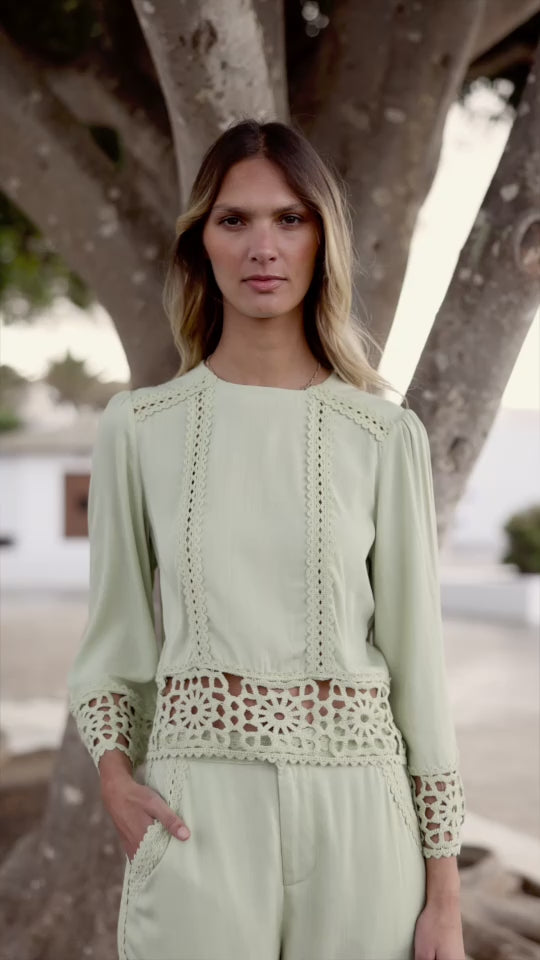 Almond green crochet straight blouse - Tevy