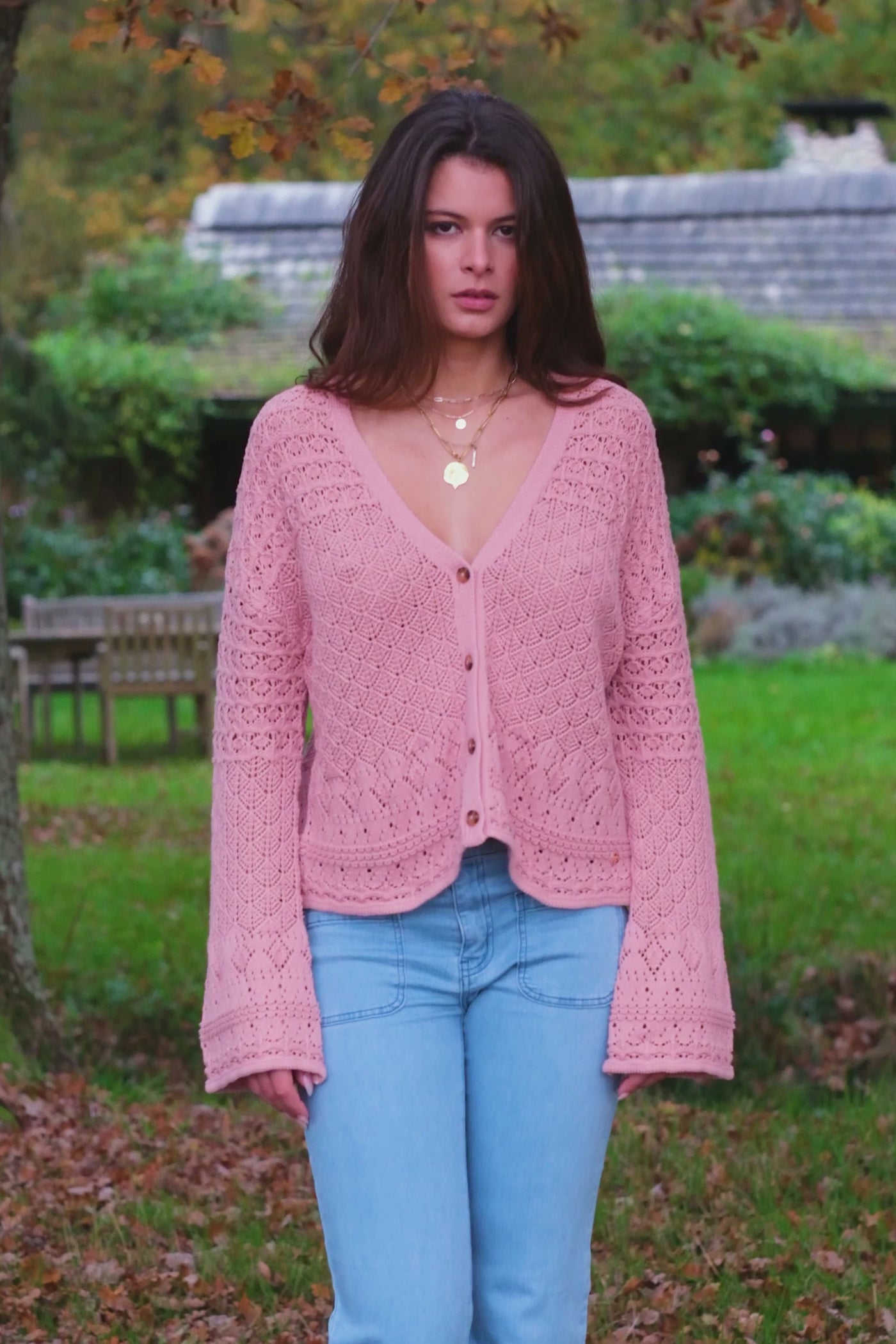 Gilet col V rose poudrée - Mia