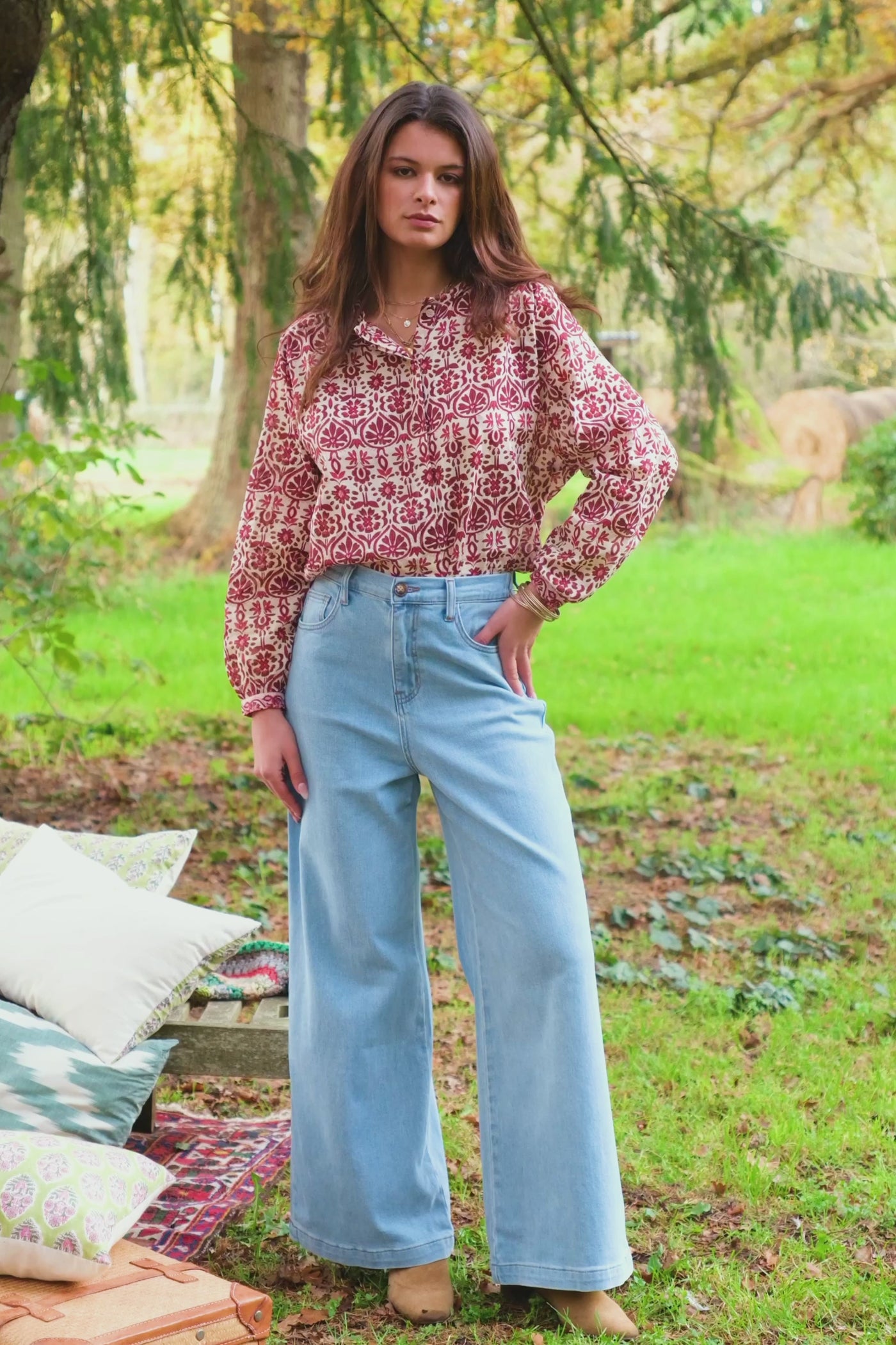 Stonewashed wide leg jeans - Prune