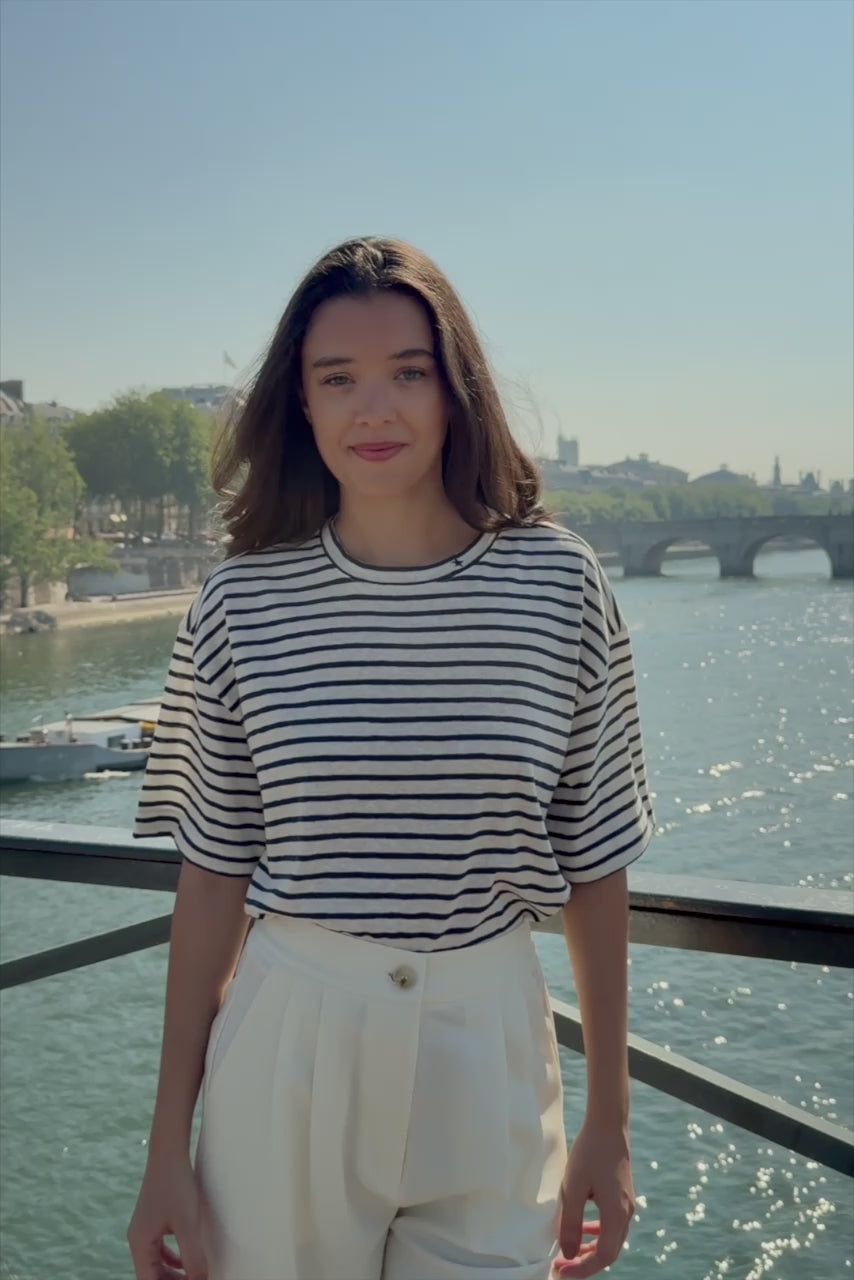 Sweat-shirt manches courtes écru/marine - Tais