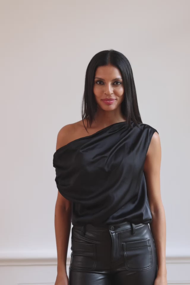 Black satin asymmetric top – Torine | LA PETITE ÉTOILE Paris
