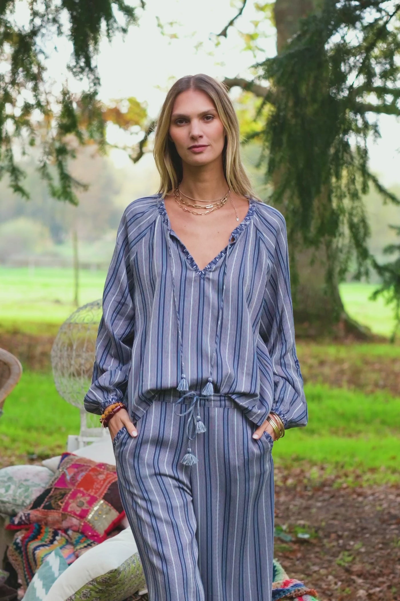 Blue striped V-neck blouse - Bahati